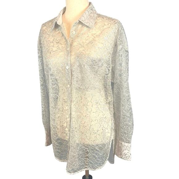 Anthropologie Metallic Lace Button Down Shirt Light Gray Silver X-Small - Picture 8 of 11